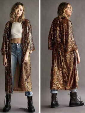 Free People Light Is Coming Sequin Kimono Duster Jacket Bronze M Statement